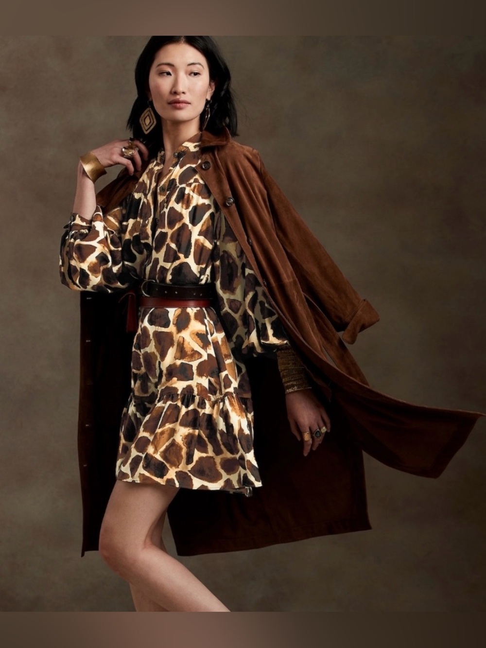 Banana Republic Giraffe-Print Mini Dress in Brown and Cream
